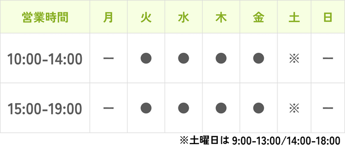 こぐま整体院の営業時間：火～金10:00-14:00、15:00-19:00。土9:00-13:00、14:00-18:00